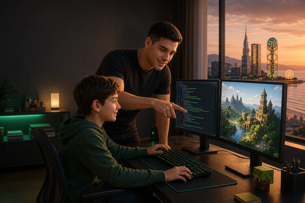 Иллюстрация: преподаватель и ребёнок создают игровой мир с помощью Python